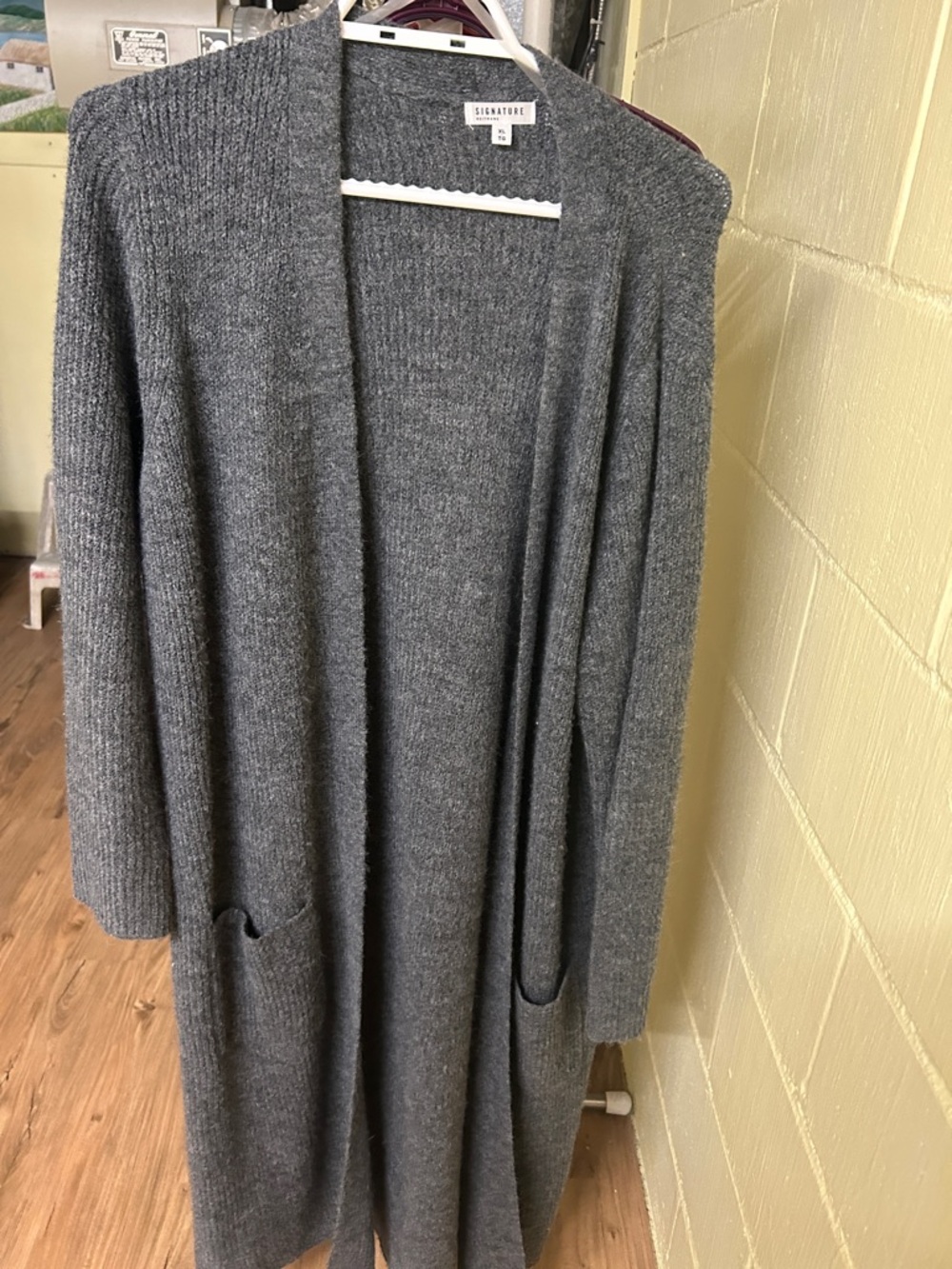 Signature Long Open-Front Gray Knit Cardigan with Patch Pockets